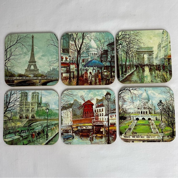 Vintage Paris Drink Coasters. Set of 6. Eiffel Tower, Arc de Triomphe,Montmartre - Picture 1 of 9